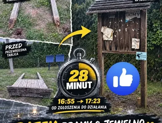 Jemielno: przewrócona tablica wróciła na miejsce w 28 minut