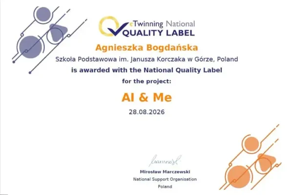 Krajowa Odznaka Jakości dla projektu eTwinning „IA & Me” w SP im. Jana Kasprowicza w Górze