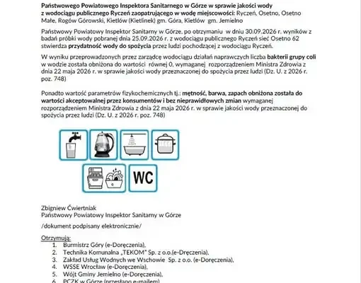 Woda z wodociągu Ryczeń znów bezpieczna – sanepid odwołuje ograniczenia
