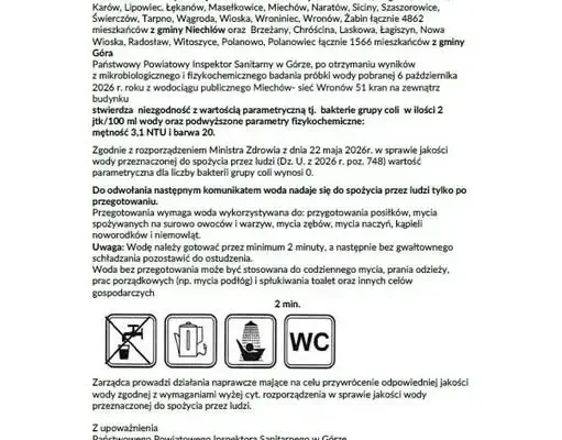 Góra: bakterie grupy coli w wodzie. Sanepid nakazuje przegotowywanie