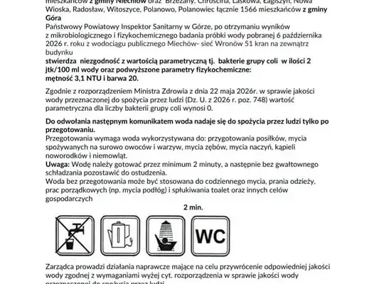Woda z wodociągu Miechów niezdatna do picia bez przegotowania. Sanepid wydał komunikat
