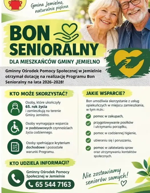 Bon Senioralny w Gminie Jemielno – do 2 500 zł miesięcznie na wsparcie seniorów
