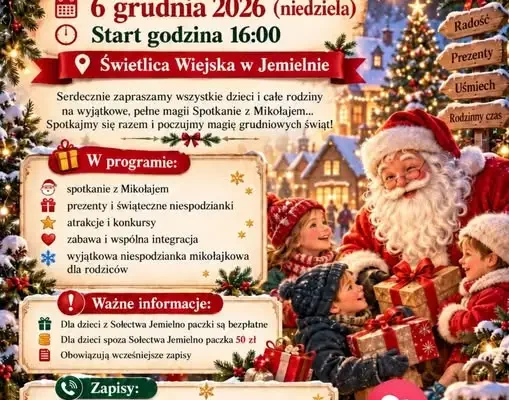 Mikołajki w Jemielnie 2026: zapisy na spotkanie z Mikołajem i paczki